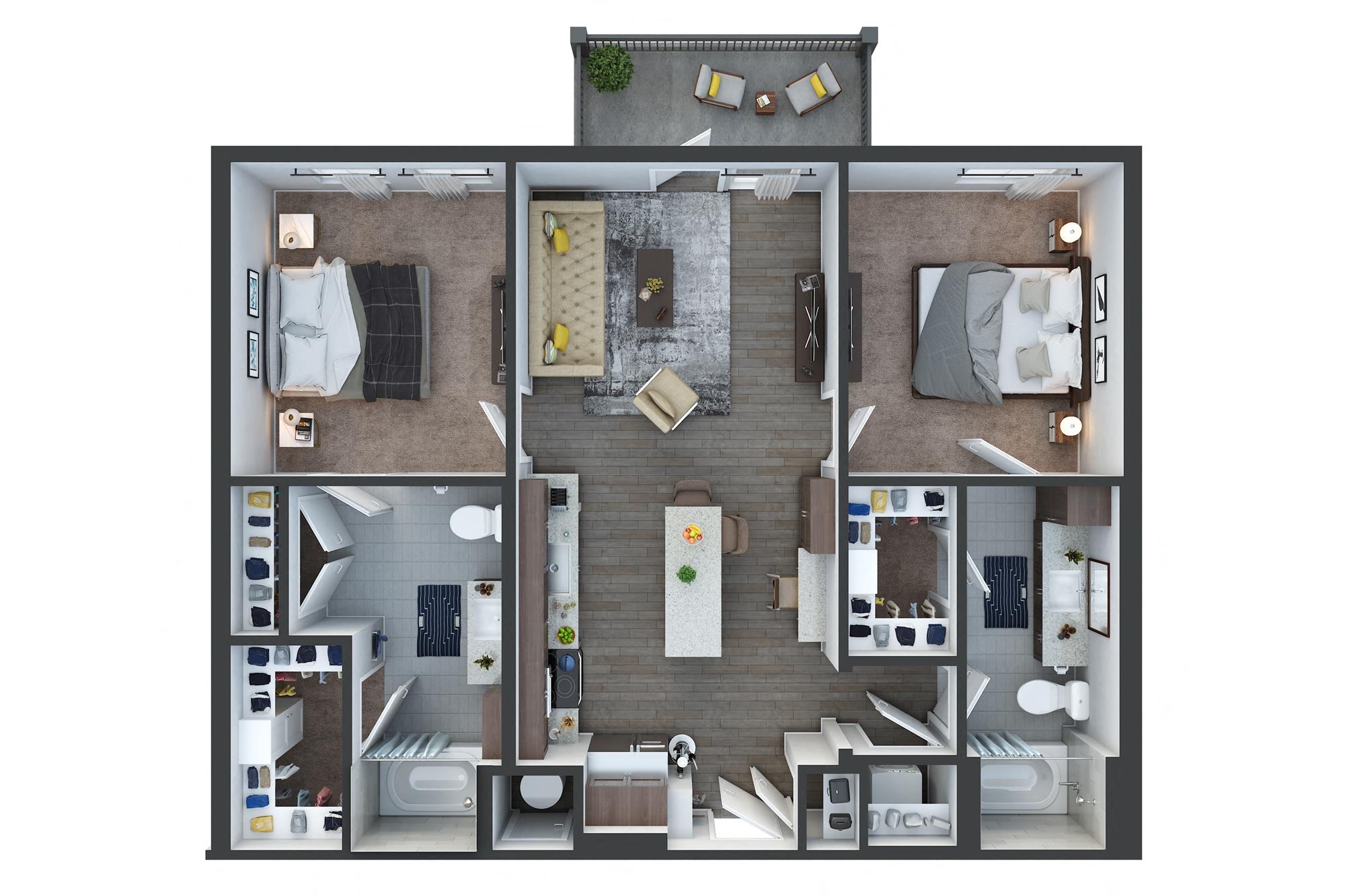 Floor plan for 2 beds, 2 baths, 1030 sqft